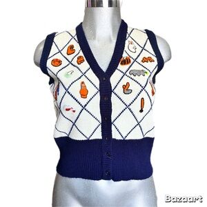 Vintage Argyle Knit Vest Preppy Navy/White Retro Embroidered Sporty Academia Med